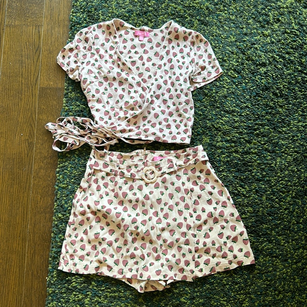 Sugar Thrillz Matching Set with Tie-Up Wrap Top and Skort - strawberry